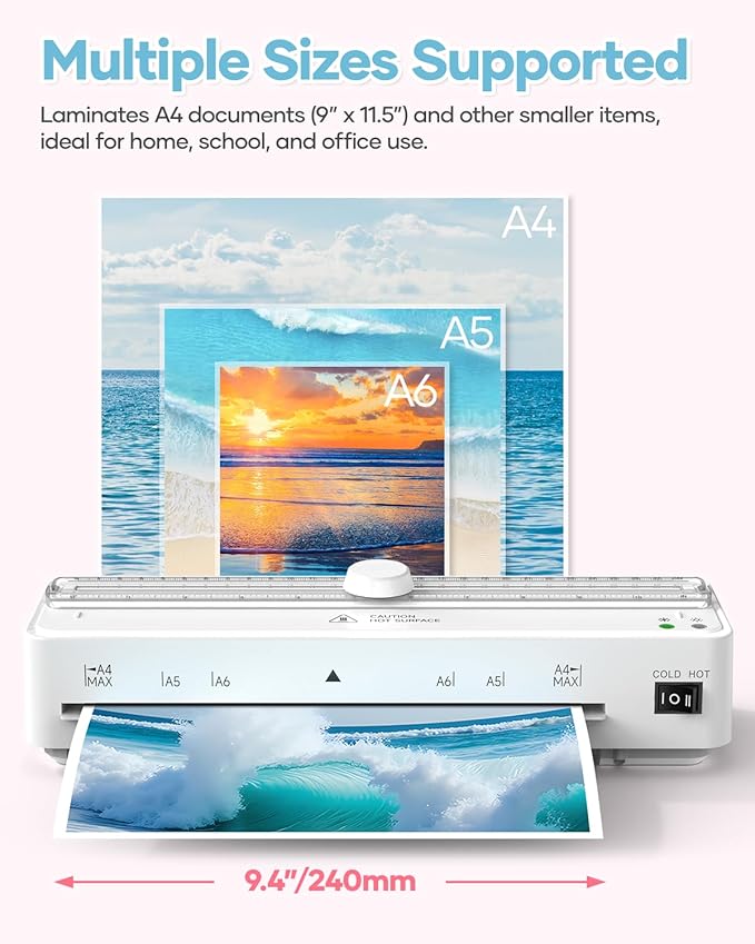 Kejector Laminator Machine, 9 Inch with 20 A4 Sheets Thermal and Cold Lamination Built in Cutter Quick Warm Up for Home Office School, White-DeskLoop Office