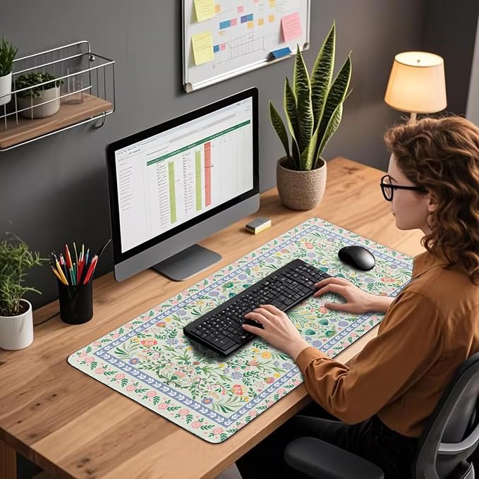 Green Floral Desk Mat, 31.5"x15.7" Large Mouse Pad, Anti-Slip Rubber Base - Image 2
