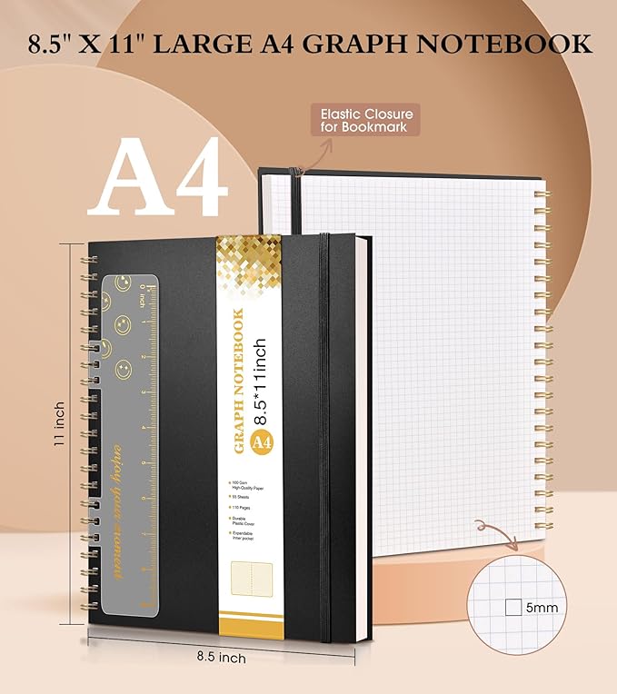 Graph Paper Notebook, Spiral Notebook Journal 8.5” x 11”, A4 Large Grid Notebooks for Women Men, 100 GSM Graph Paper, Plastic Hardcover Spiral Graphing Journals for Work School Engineerin, Black-DeskLoop Office