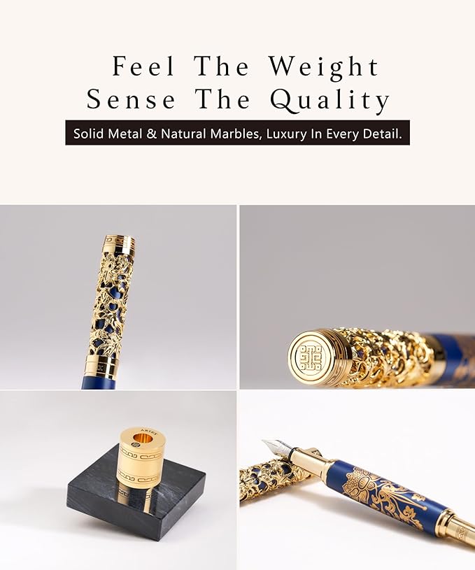 Luxury Fountain Pen Set With Stand - Museum Art Collections - Crafting Timeless Beauty - the Best Gift & Office Desk Decor, German SCHMIDT Fine Nib, Solid Metal & Marble Texture-DeskLoop Office
