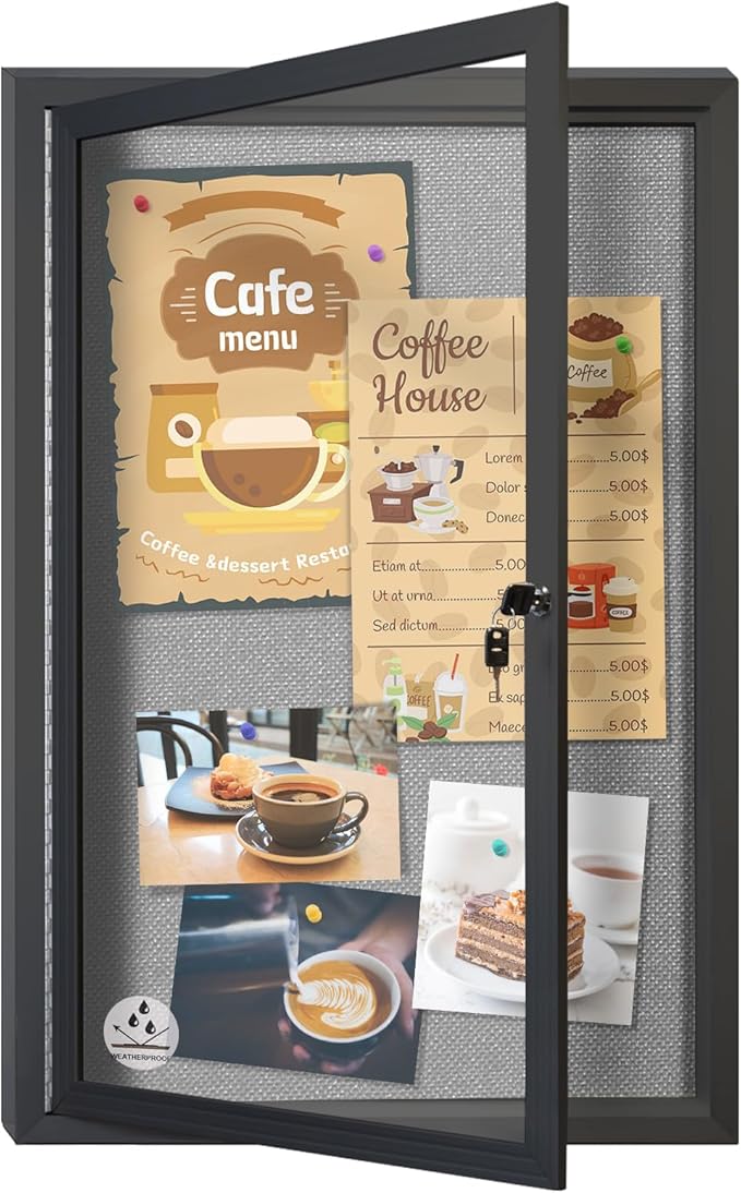 Outdoor Weatherproof Enclosed Fabric Bulletin Board,Noticeboard Case with Lockable Glass Door, Grey Felt,Black Aluminum Frame, 36x24 Inch (5xA4)-DeskLoop Office