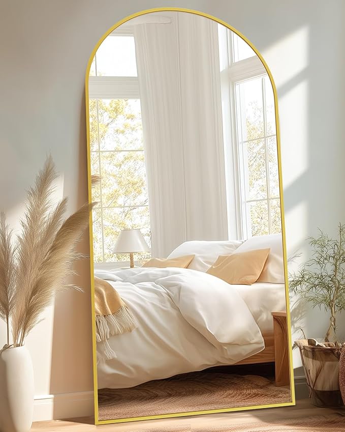 Full-Length Floor Mirror with Stand, 76"x34" Arched Style Full Body Standing Mirror for Bedroom, Living Room, Gym, Dorm - Shatter-Resistant & Easy Assembly, Gold-DeskLoop Office