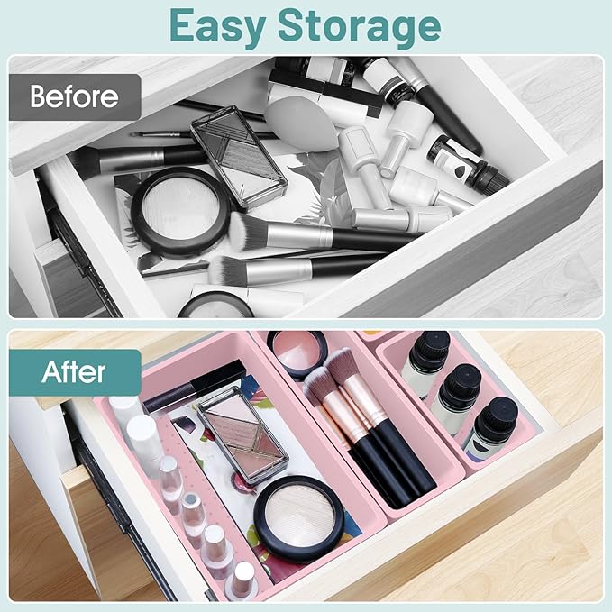 WOWBOX 25 PCS Plastic Drawer Organizer Set, 4 Sizes Desk Drawer Divider Organizers and Storage Bins for Makeup, Jewelry, Gadgets for Kitchen, Bedroom, Bathroom, Office, Pink-DeskLoop Office