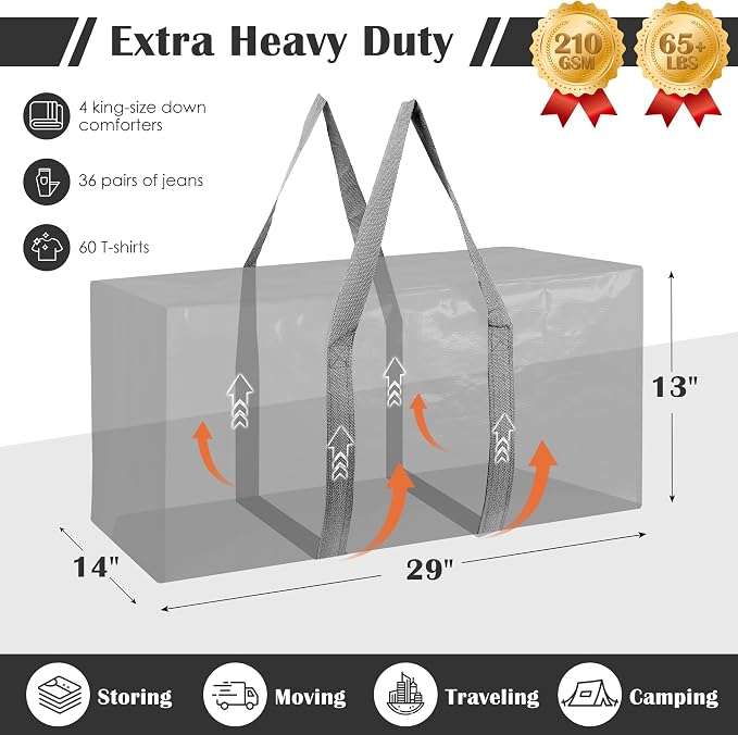 6 Pack Moving Bags with Full-Open Side Zipper, Extra Large 93L Heavy Duty - Image 2