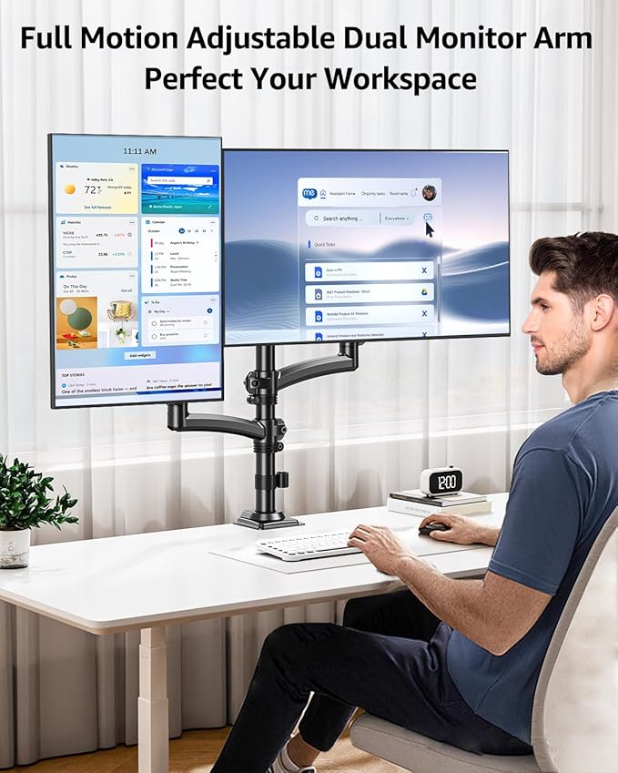 Dual Monitor Stand Holds 4.4-22 lbs Each, Dual Monitor Mount Height up to 26.6 inch, Gas Spring Monitors Arm for Max 32 inch Computer, VESA Mount with C-clamp & Grommet Mounting, Freelift Black-DeskLoop Office