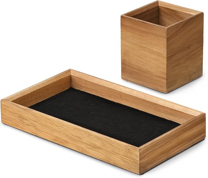 HULISEN Wooden Desk Organizer Tray with Pen Holder, Non-Slip Desk Tray and Pencil Holder Set with Felt Lined, Desktop Accessories for Home Office Workspace Organization-DeskLoop Office