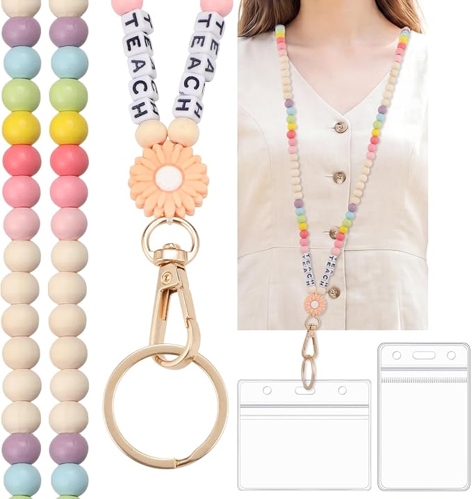Teacher Lanyard for ID Badges Wooden Beaded Lanyard by BESARME