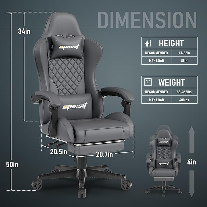 Gaming Chair,Ergonomic Computer Chairs for Adults with Footrest, PU Leather Office Chair with Adjustable Lumbar Support & Pocket Spring Cushion - Heavy Duty 400lb Capacity Gamer Chair (Grey)-DeskLoop Office