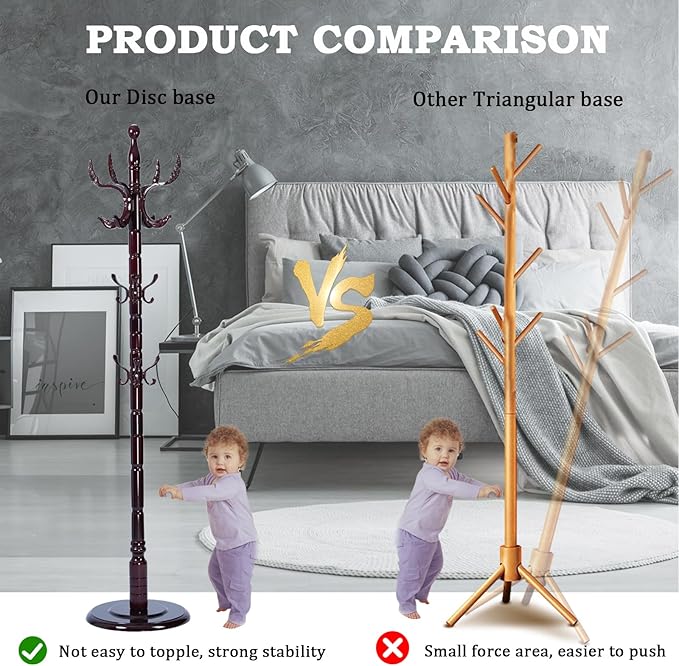 Coat Racks FreeStanding with 14 Hooks, Natural Wood Coat Rack with Solid Round Base, Adjustable Height Coat Racks, Easy Assembly for Hallway, Bedroom and Office (Solid Wood Fenghuang Gou)-DeskLoop Office