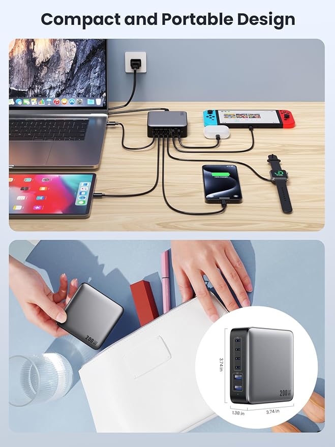 USB C Charger Block 200W[2025 Upgraded] GaN III 6 Port Fast Charging Station Hub,PD 65W USB C Laptop Charger Compatible with MacBook Pro/Air,iPad,iPhone 16/15,Galaxy S23/S24 Steam Deck Dell XPS etc-DeskLoop Office