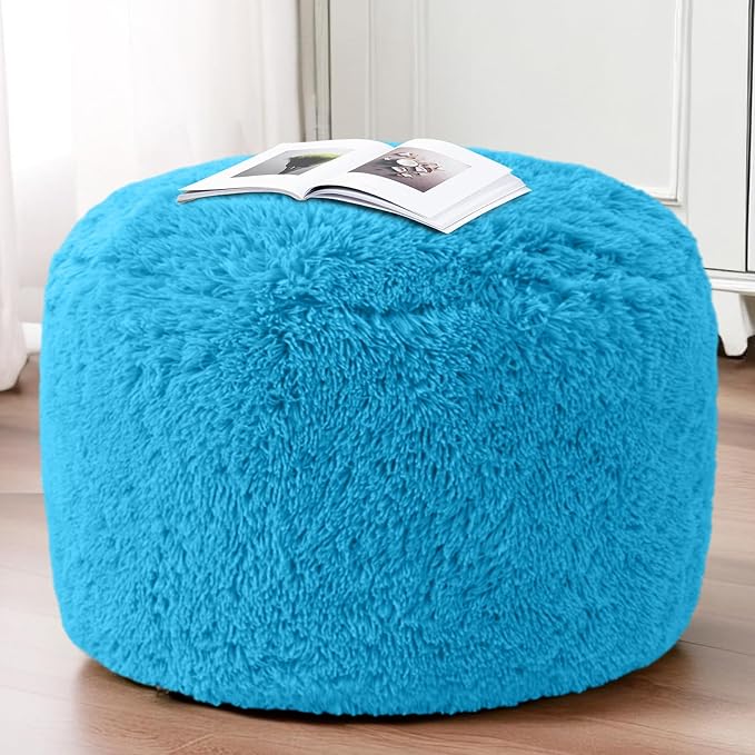 HIGOGOGO Round Stuffed Pouf Ottoman, Long Faux Fur Poufs with Foam Chunk Filling, Fluffy and Furry Pouf Foot Stool Storage Ottoman, 26 X 18 Floor Poufs Foot Rest for Living Room, Blue-DeskLoop Office