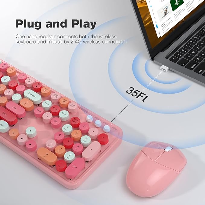 MOFII Wireless Keyboard and Mouse, Pink Colorful Round Key Retro Typewriter Keyboards, USB Wireless 2.4G Full Size Keyboard and Cute Mice Combo for Computer, Laptop, PC, Chromebook, Smart TV-DeskLoop Office