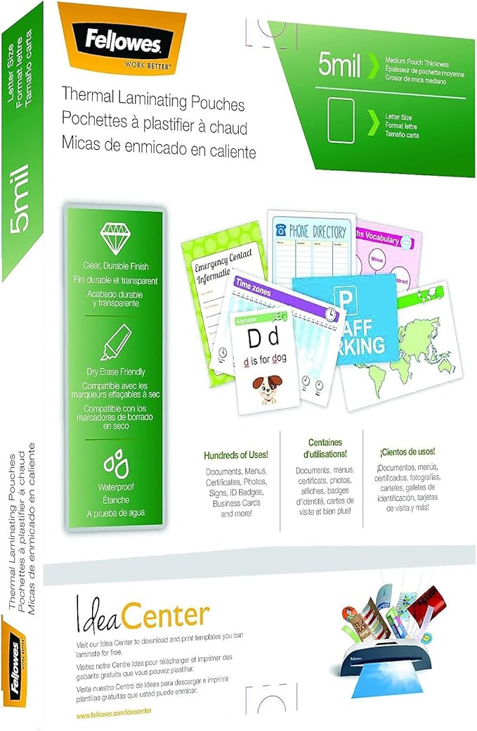 Fellowes Thermal Laminating Pouches, Letter Size Sheets, 5mil 200pk, Clear (5743601)-DeskLoop Office