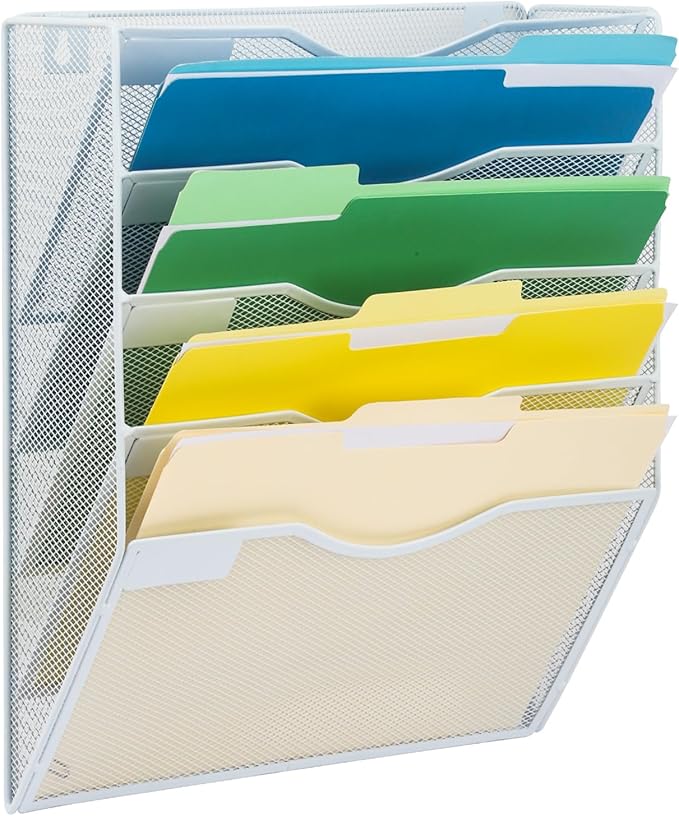 EASEPRES 5 Pocket Mesh Hanging Wall File Organizer, Wall Mounted Mail Paper Document Folder Holder, Clipboard Storage Organization Magazine Rack with Nametag Label for Office Home School, White-DeskLoop Office