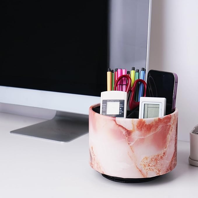 Round Leather Art Supply Organizer,Remote Control Holder,360-degree Rotating Pen Organizer with 4 Compartments(1-Marble Pink)-DeskLoop Office