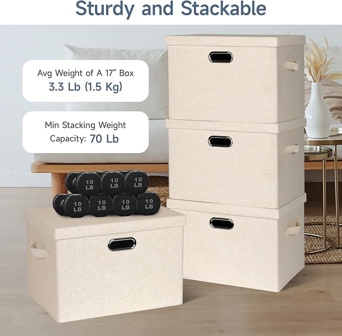 Large 17" 36 Quart Collapsible Stackable Storage Bins with Lids, 3 Packs Light Orange Linen Fabric Closet Boxes with Lids, Storage Cube Baskets Container Organizers for Office (17x12x11)-DeskLoop Office
