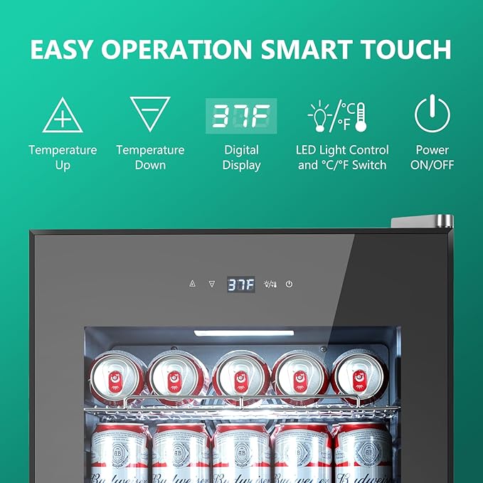 101 Cans Compressor Beverage Refrigerator, 17 Inch Drink Fridge with Glass Door, Adjustable Removable Shelves, Quiet Operation, Temp Memory, Beer Cooler for Soda, Beer, Water, Home Bar, Office-DeskLoop Office