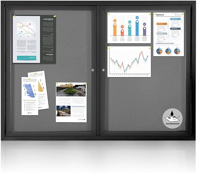 Enclosed Bulletin Board Outdoor Noticeboard with Locking Door, Weather-Resistant, Grey Felt, Black Aluminum Frame, 48 x 34 in-DeskLoop Office