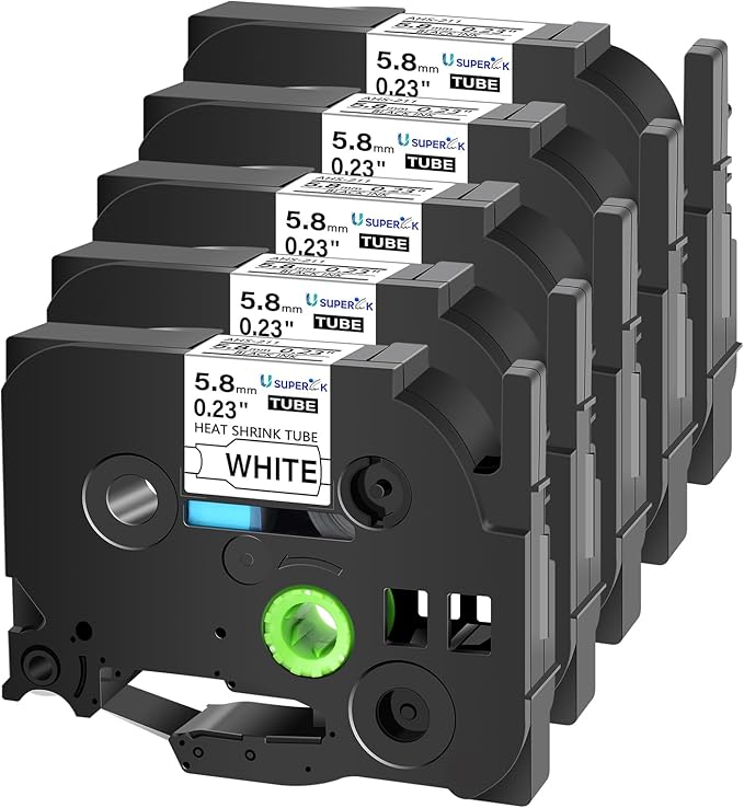 USUPERINK 5 Pack Compatible for Brother Ptouch HSe-211 HSe211 HS-211 HS211 Black on White (0.23''x 4.92ft) Heat Shrink Tube Label Tape use in PT-D400 PT-D450 PT-E300 PT-E500 H300 Label Maker-DeskLoop Office