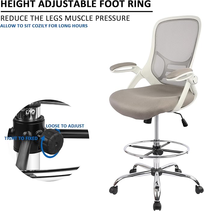 HYLONE Drafting Chair, Tall Office Chair Standing Desk Stool with Adjustable Foot Ring, Flip-Up Arms, Mesh High-Back Drafting Table Chair, White & Grey-DeskLoop Office