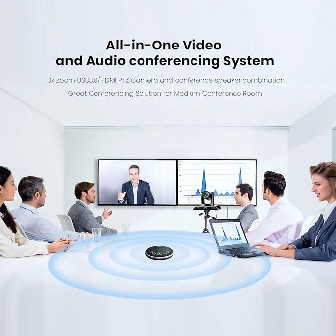 10x Zoom Conference Room Video Camera System, All-in-One HD 1080P 60fps 10X Optical Zoom USB3.0 HDMI PTZ Camera and Bluetooth Conference Speaker with Microphones Bundle for Medium Room-DeskLoop Office