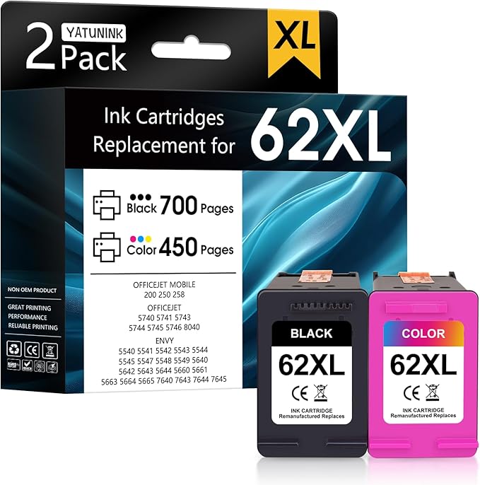 62XL Ink Cartridge Combo Pack Compatible for HP Ink 62 62XL Ink Cartridges Works with Envy 7640 5540 7645 5660 OfficeJet Mobile 200 250 OfficeJet 5740 8040 5745 7644 (Black and Color) 2 Pack-DeskLoop Office