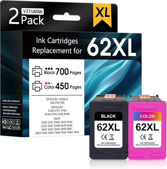 62XL Ink Cartridge Combo Pack Compatible for HP Ink 62 62XL Ink Cartridges Works with Envy 7640 5540 7645 5660 OfficeJet Mobile 200 250 OfficeJet 5740 8040 5745 7644 (Black and Color) 2 Pack-DeskLoop Office