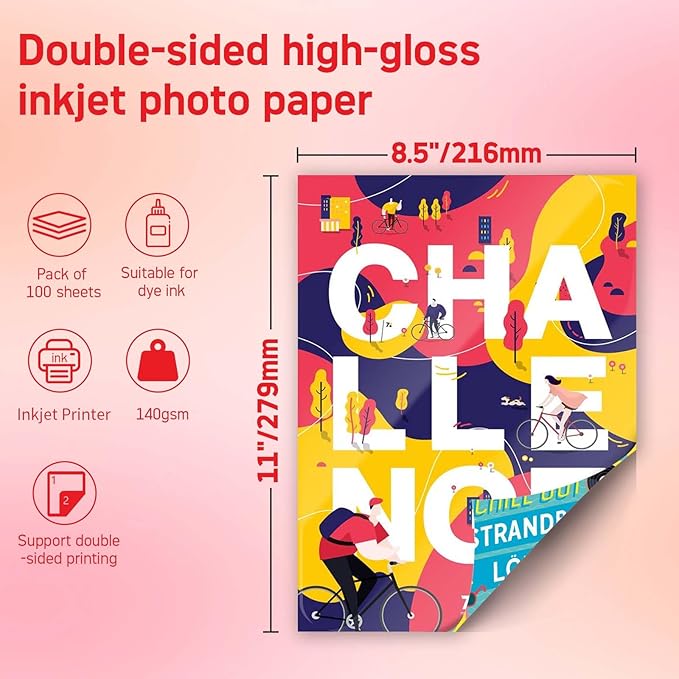 140gsm Glossy Brochure and Flyer paper Double Sided Glossy Photo Paper 100 Sheets 8.5x11 Inches for Inkjet Printer and Dye Ink Chip Bag Paper for Party Favors-DeskLoop Office