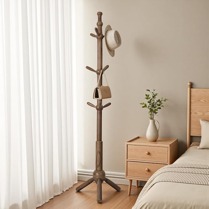 Wooden Coat Rack Stand - Coat Rack Freestanding with 9 Hooks, Adjustable Height, Clothes Hat Organizer, Heavy Duty Coat Hanger Stand for Bedroom, Entryway, Hallway, Office, Dorm, Walnut-DeskLoop Office