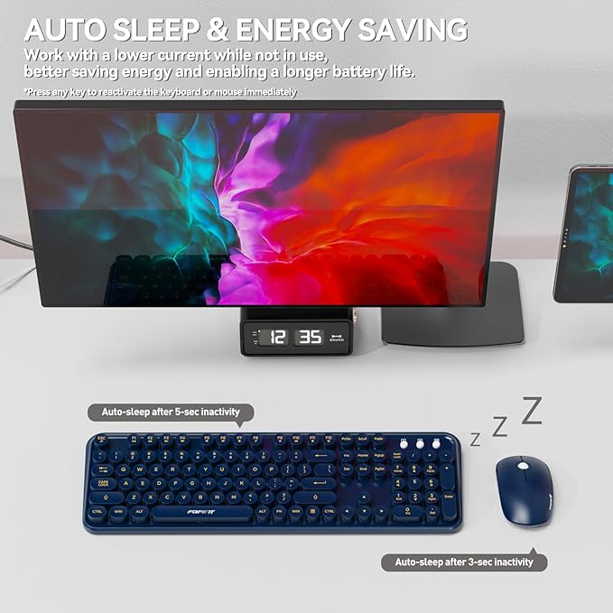 FOPETT Wireless Keyboard and Mouse Combo, 104 Keys Full-Sized 2.4 GHz Round Keycap Colorful Keyboards, USB Receiver Plug and Play, for Windows, Mac, PC, Laptop, Desktop (DarkBlue)-DeskLoop Office