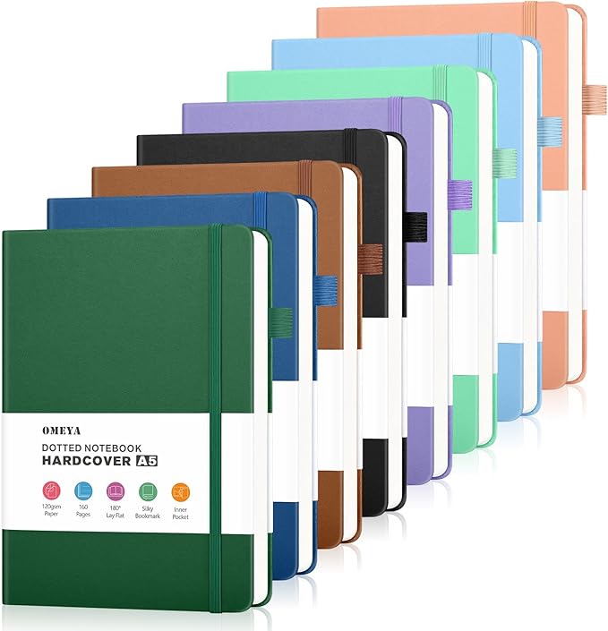 OMEYA Bullet Dotted Journal Notebook 8 Pack: 160 Pages Per Pack, A5 Medium Size by OMEYA