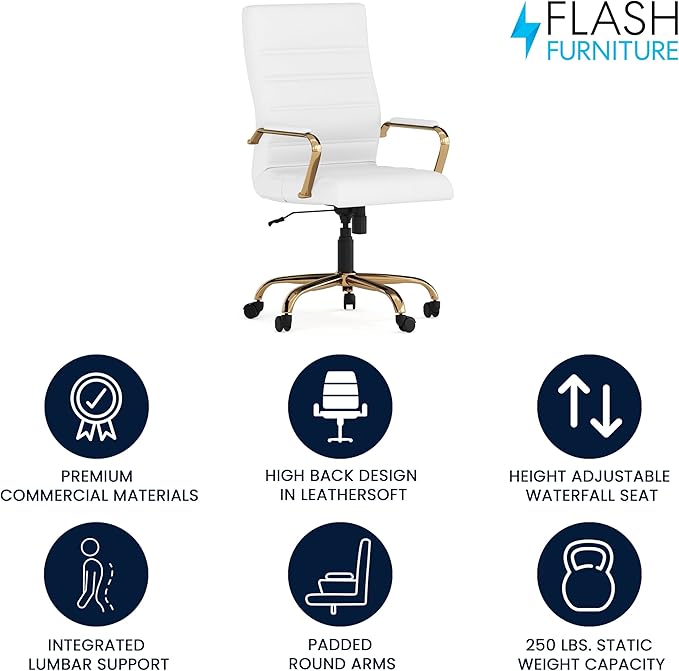 Flash Furniture Whitney Mid-Back Swivel LeatherSoft Desk Chair with Padded Seat and Armrests, Adjustable Height Padded Office Chair, 27"D x 26"W x 43"H, White/Gold-DeskLoop Office