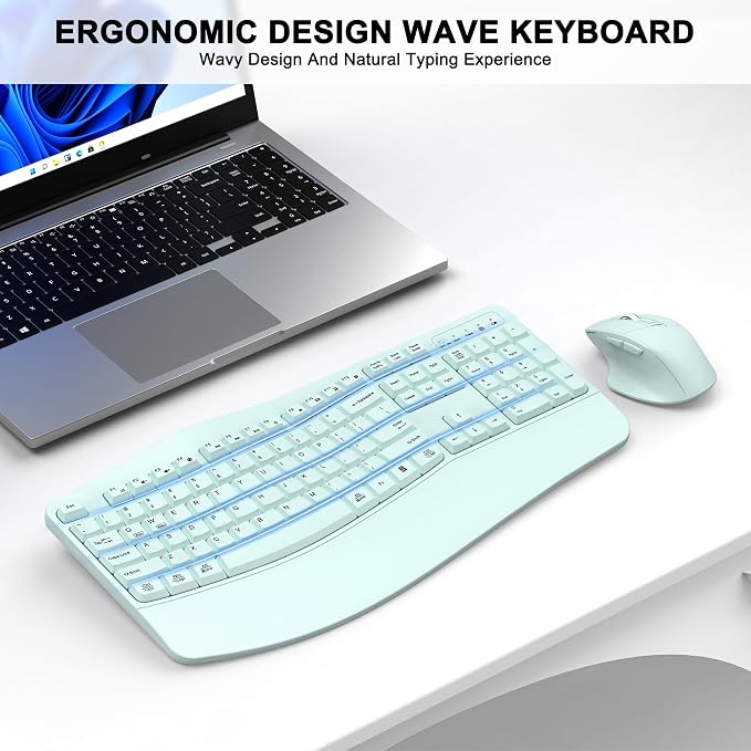 Wireless Keyboard and Mouse Combo, 2.4G Full Size Wave Keys Ergonomic Keyboard - Image 2