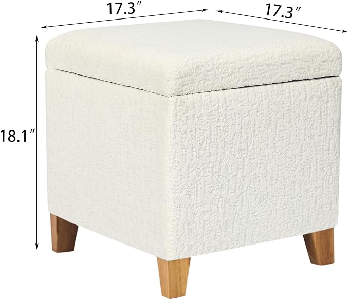 Adeco 18 Inch High Faux Fur White Cube Ottoman Storage, 3D Embossed Velvet Chair Foot Stools, Upholstered Vanity Stool with Hinged Lid, Solid Wood Legs-DeskLoop Office