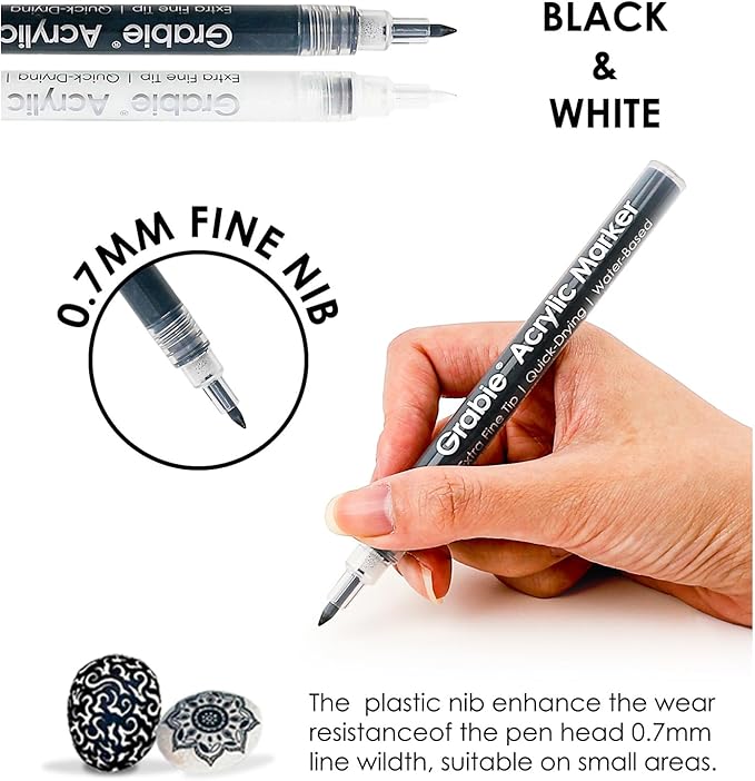 Grabie Black & White Extra Fine Tip Acrylic Paint Marker Set, 6 Pack, 0.7mm Acrylic Paint Pens for Highlights and Fine Details on Drawings, Rock Painting Glass Canvas Wood, White Highlight Markers-DeskLoop Office