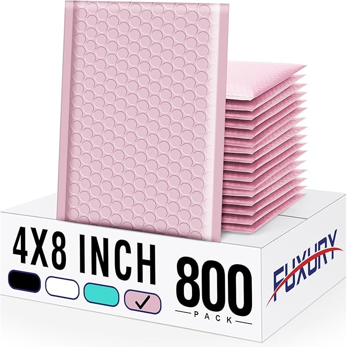 Fuxury Small Bubble Mailers 4x8" 800 Pack Light Pink Bubble Mailer Usable Size by Fuxury