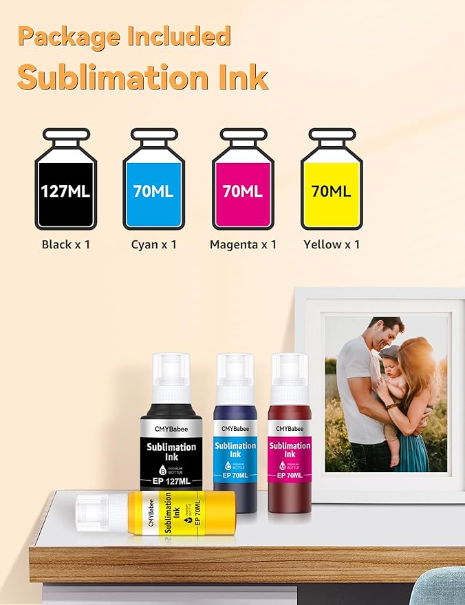 CMYBabee Sublimation Ink Refill Bottles Compatible for Epson Printers ET2800 ET15000 ET8550 ET2400 ET4800 ET2850 ET2803 ET3830 ET3850 ET4850 Heat Press Transfer on Mugs T-Shirts(4 Pack)-DeskLoop Office