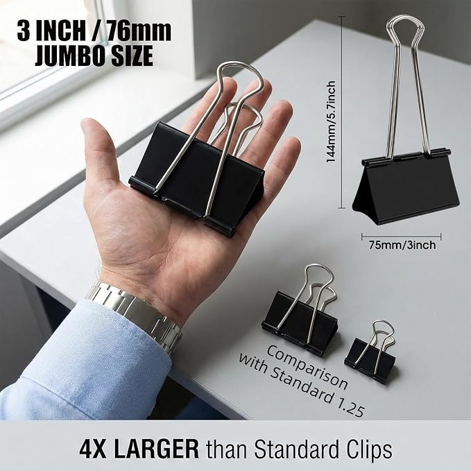 3 Inch Extra Large Jumbo Binder Clips– Sturdy Black Metal Paper Clamps - Image 2