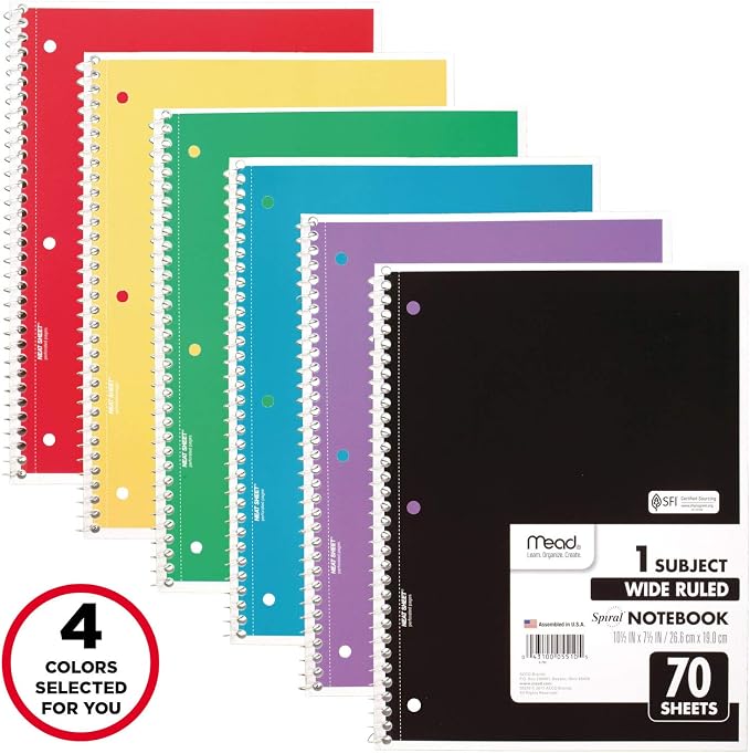 Mead Spiral Notebook, 4 Pack, 1 Subject, Wide Ruled Paper, 7-1/2" x 10-1/2" - Image 2