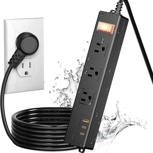 IPX6 Outdoor Power Strip Weatherproof, Waterproof Surge Protector with 3 Wide Outlet with 1A2C USB Ports, 10FT Long Extension Cord, Wall Mountable for Outside Decorations and More UL Listed(Black)-DeskLoop Office