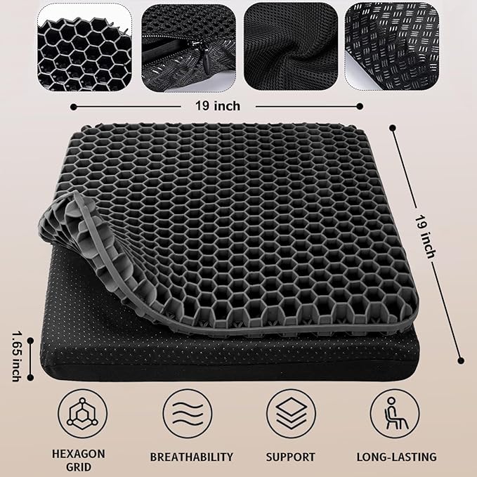 Gel Seat Cushion, 19x19inch Super Large Gel Cushion Pressure Pain Relief Seat Cushion for Long Sitting, Soft Breathable Gel Chair Pads for Home Office Wheelchair Car Seat (Black)-DeskLoop Office