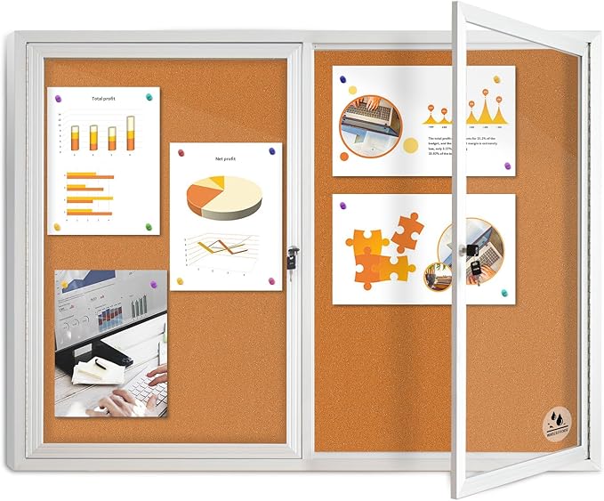 Lockable Outdoor Enclosed Bulletin Board, Weatherproof Cork Noticeboard with Locking Door, Wall-Mounted Aluminum Framed Display Case for Messages,36x24in (5xA4) (Silver Frame & Cork, 44x32 in)-DeskLoop Office