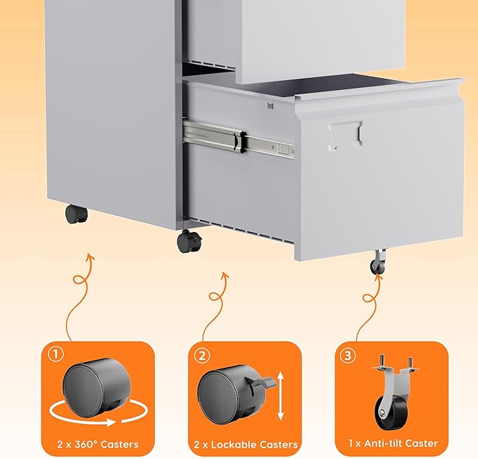 2 Drawers Mobile File Cabinet, Metal Under Desk Cabinet with Lock, for Office & Home, Legal/Letter Size, W14.57”x D17.36”x H25.79”, Assembly Required(White)-DeskLoop Office