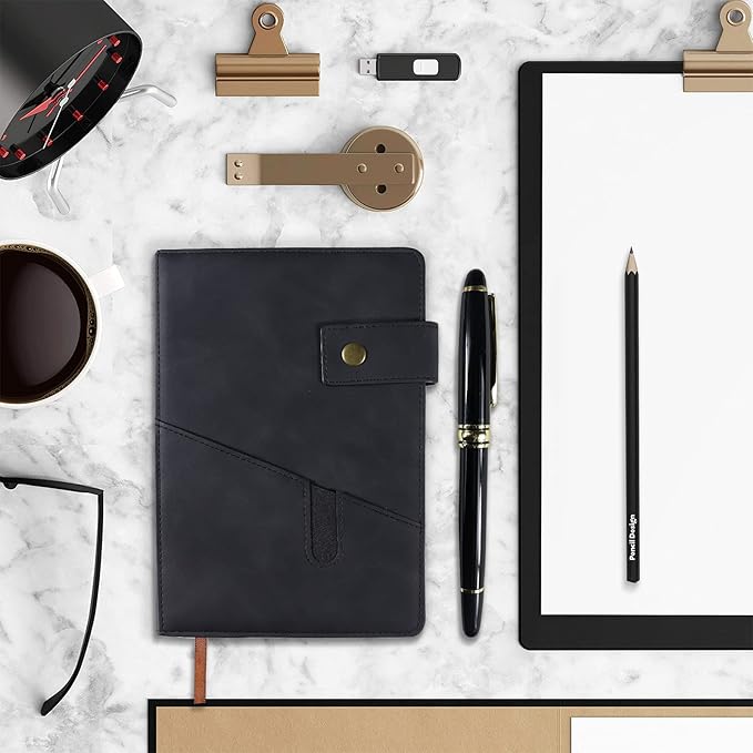 Black A5 Lined Leather Journal Notebook for Men Women,5.9" X 8.4" Personalized Hardcover Journal with Pen,200 Pages 100 Gsm Thick Ruled Paper Daily Diary for School,Travel,Work,Writing-DeskLoop Office