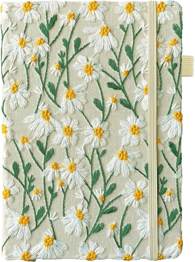 Daisy Gifts, Embroidered Journal, Floral Notebook, Wide Ruled Paper, Lay Flat by ipoul