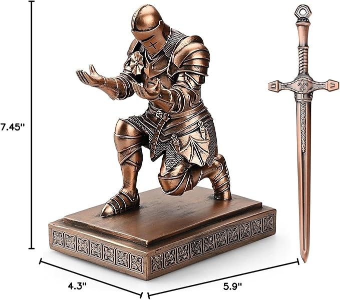 Medieval Armored Warrior Knight Pen Holder Desk Organizers and Accessories Resin Pencil Holder Paperweight as Gift with a Cool Letter Opener for Desk (Copper)-DeskLoop Office