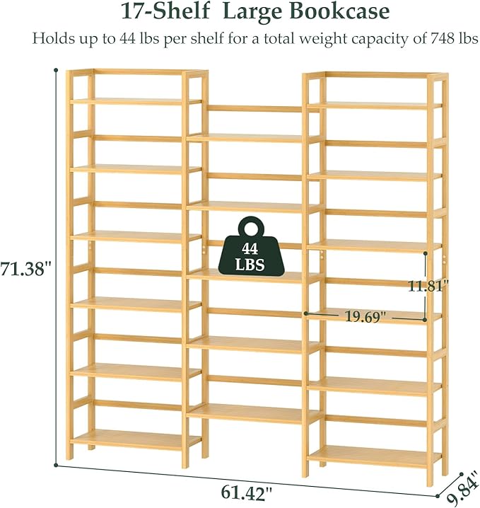 Homykic Bamboo Triple Wide Shallow Bookshelves and Bookcases, 6-Tier 6ft Tall Bookshelf with 17 Open Display Shelves, Large Freestanding Book Shelf for Home Office, Bedroom, Living Room, Natural-DeskLoop Office