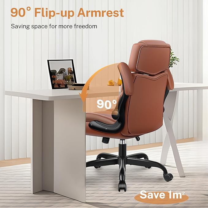 Office Chair Flip Up Arms, Executive Leather Office Chair Ergonomic Desk Chair with Lumbar Support, Adjustable Headrest, Computer Chair Home Office Desk Chair with Rocking Function-DeskLoop Office