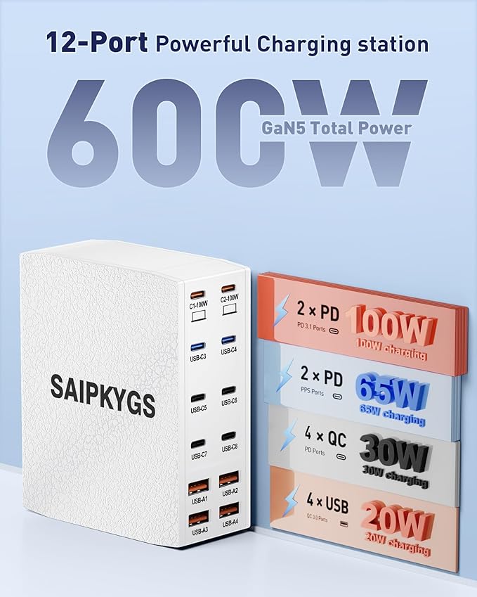 Charging Station (600W),12-Port USB C Charger Block with Dual 100W PD USB-C Fast Charging Station Hub for MacBook Pro/Air/All iPad iPhone 17/16 15/14/13/Pro Max/Samsung Galaxy Note(White)-DeskLoop Office
