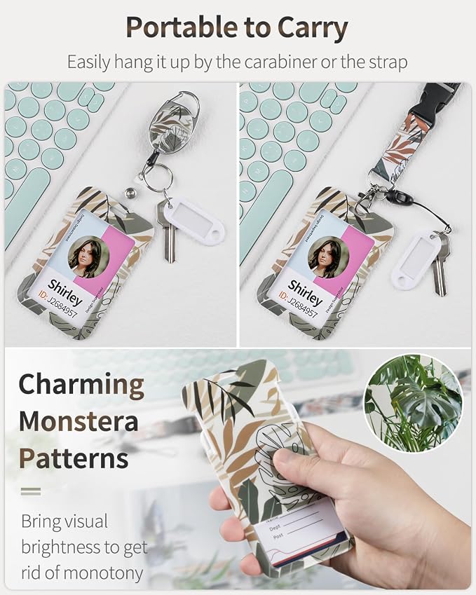 Uniclife Floral Sliding Badge Holder Monstera Leaves Plastic Case - Image 2
